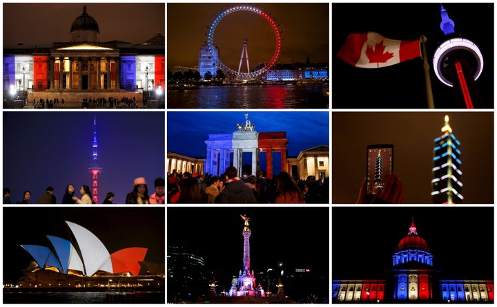A combination photo shows the blue, white and red colours of the French national flag lit up in buildings and towers around t