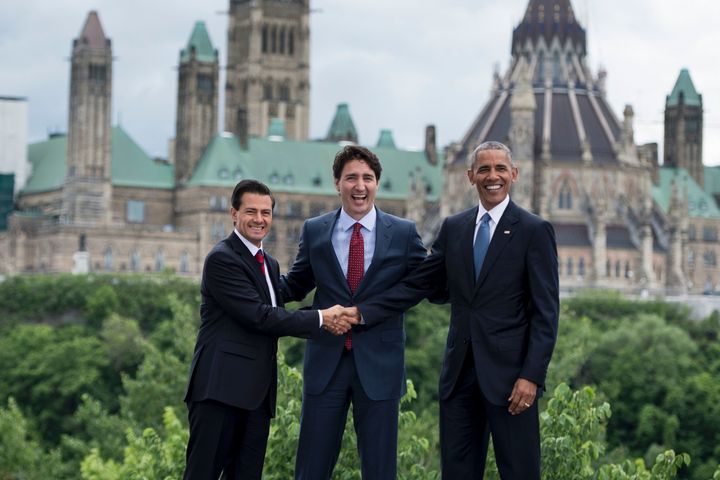 Mexican President Enrique Pena Nieto, Canadian Prime Minister Justin Trudeau and U.S. President Barack Obama shake hands during the North American Leaders Summit on Wednesday. 