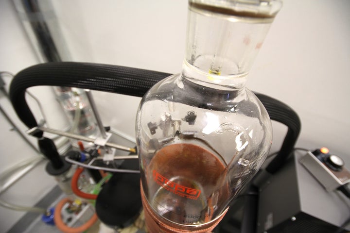 Multiple steps of distillation allow CO2 and ethanol to extract oil from cannabis, then filter the CO2 and ethanol out.