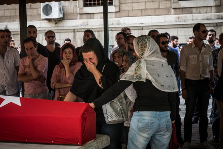 Mourners attend a funeral for Gülsen Bahadur, 29, killed in Tuesday night's attack at Istanbul Ataturk Airport. Bahadur worked as a member of the ground staff at Yeni Mahellesi Mosque in Istanbul.