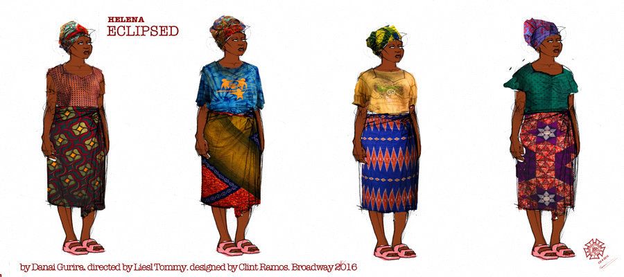 Character sketches of Helena, also known as Wife Number One, played by Saycon Sengbloh: "She is kind of like Mother Earth," Ramos explained. "She’s been there the longest. She’s sort of matriarch of the compound. You have to remember, these women are so young. She’s just around 25. When she was captured, she didn’t even know how old she was. Part of what is so awful about this war is that it completely eradicates your humanness -- your name, your age. But going back to that sort of archetype, we really looked at that matronly physicality. We noticed that a lot of these married women with children never really expose their hair. It’s always wrapped. And there’s the way she wears her wrap skirt, sort of high up on the waist. Almost like empire just below her breasts, which renders her a little more matronly."