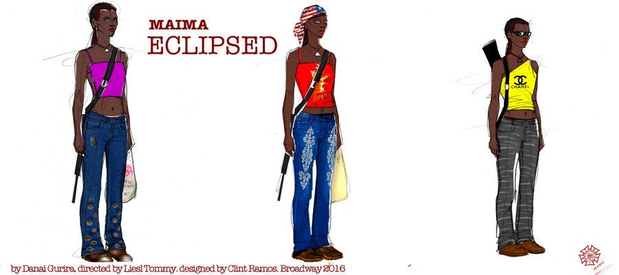 Maima, also known as Wife Number Two, played by Zainab Jah: "Maima is really based on research. She is the warrior archetype. If you look at the research, historically there have been 50,000 women who became soldiers in that war. They weren’t soldiers of the government, they were rebels, but they all had ranks. And she’s based on this lieutenant, <a href="https://www.theguardian.com/lifeandstyle/2012/may/28/female-victim-charles-taylor-speaks" target="_blank" role="link" class=" js-entry-link cet-external-link" data-vars-item-name="Black Diamond" data-vars-item-type="text" data-vars-unit-name="57750e47e4b042fba1cf306f" data-vars-unit-type="buzz_body" data-vars-target-content-id="https://www.theguardian.com/lifeandstyle/2012/may/28/female-victim-charles-taylor-speaks" data-vars-target-content-type="url" data-vars-type="web_external_link" data-vars-subunit-name="article_body" data-vars-subunit-type="component" data-vars-position-in-subunit="7">Black Diamond</a>. When you look her clothing, it’s basically this late ‘90s/early aughts kind of fashion -- embellished jeans and hugging tops. They love showing their midriffs and their backs. It’s almost as if they’re going clubbing; a very body-conscious, almost celebratory kind of clothing. And it’s very disturbing, because it’s juxtaposed with an AK47 or a rifle. Here’s a character who’s so proud of having left behind the idea of being a sex slave and 'wife,' but in appearance she’s actually the most sexualized."