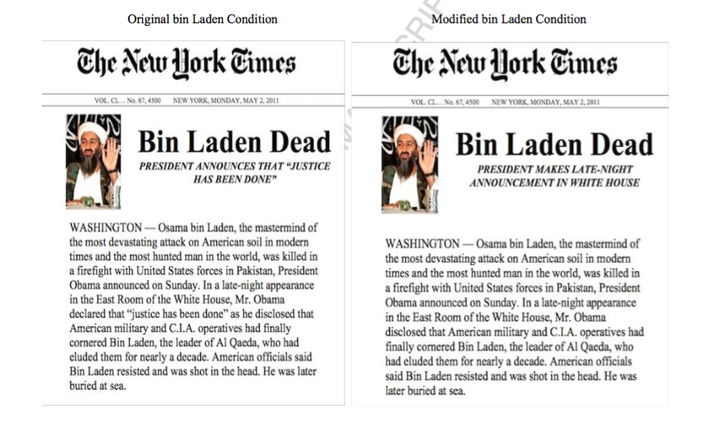 Study volunteers read brief news accounts, including one that described the U.S. forces' killing of Osama bin Laden in retaliation for the terrorist attacks on the United States on September 11, 2001. One that was altered to remove wording that explicitly described the killing as retaliation for the 9/11 attacks.