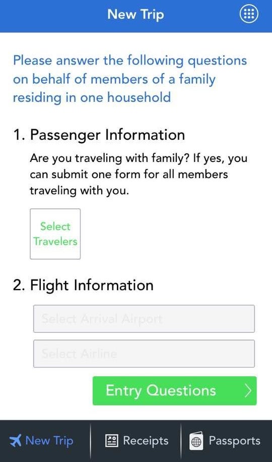 A screenshot from the Mobile Passport app.