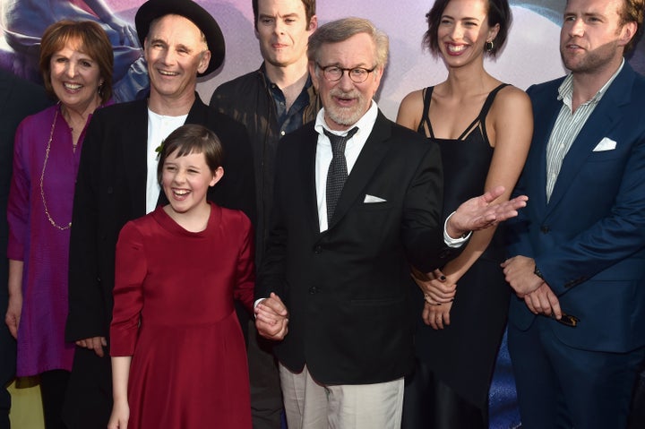 Penelope Wilton, Mark Rylance, Ruby Barnhill, Bill Hader, Steven Spielberg, Rebecca Hall and Rafe Spall arrive on the red car