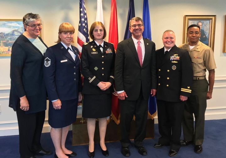 Transgender U.S. service members pose with SPARTA's Sue Fulton (far left) and Secretary of Defense Ash Carter. Carter said Thursday that lifting the ban on transgender troops only enhances what is "the finest fighting force the world has ever known."