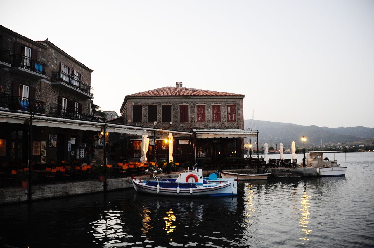 Molyvos at dawn. Rescue ships dock right outside of restaurants and bars.