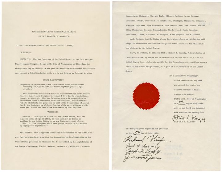 The certification of the 26th Amendment includes the signatures of Administrator of General Services Robert L. Kunzig, President Richard Nixon and three 18-year-olds.