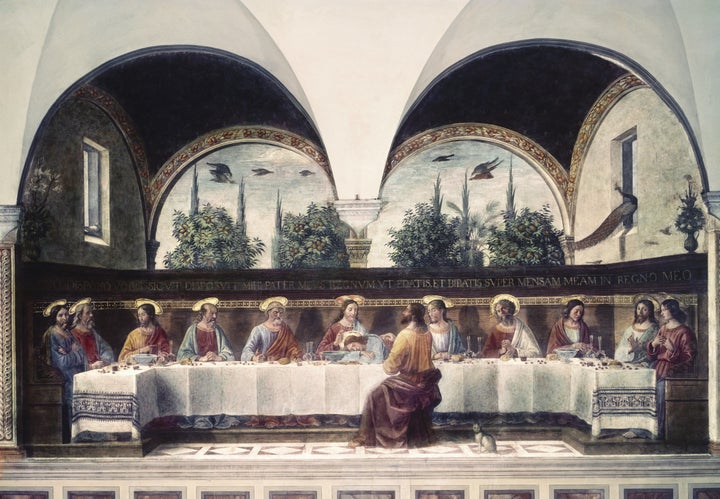 This is another version of the Last Supper, painted by Domenico Ghirlandaio in Florence, Italy, around 1480.