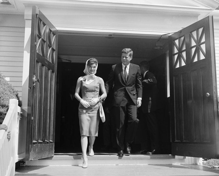 President John F. Kennedy and First Lady Jacqueline Kennedy leave St. Francis Xavier church after attending 10 o'clock Mass in Hyannis, Massachussets, July 2, 1961.