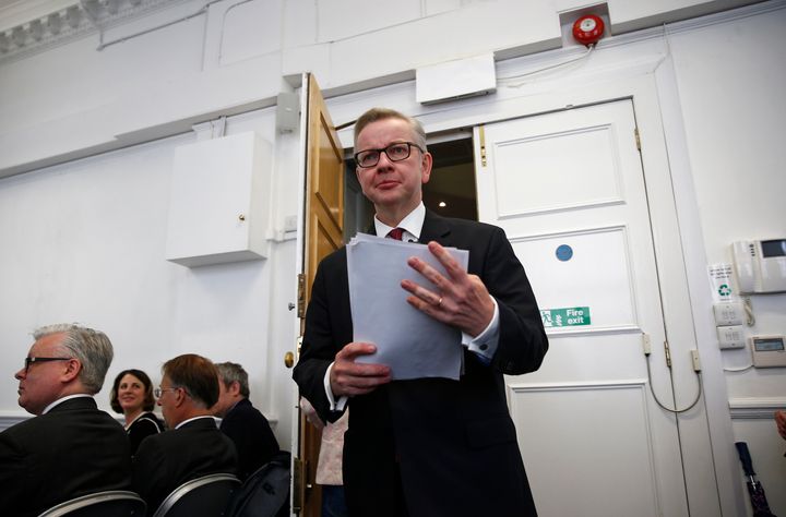 Michael Gove, arrives to deliver his speech after announcing his bid to become Conservative Party leader