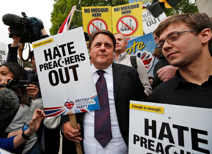 <strong>The BNP, previously led by Nick Griffin, centre, has weakened considerably in the UK</strong>
