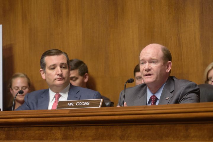 Senators Ted Cruz (R-Texas) and Chris Coons (D-Del.) at a Judiciary Subcommittee hearing
