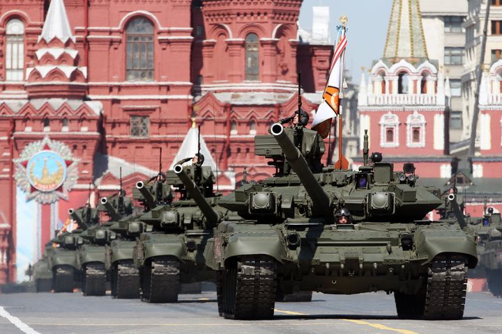 Russian T-90A tanks roll through Moscow's Red Square during a Victory Day parade in May, marking the 1945 defeat of Nazi Germany.
