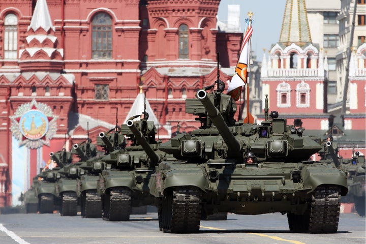 Russian T-90A tanks roll through Moscow's Red Square during a Victory Day parade in May, marking the 1945 defeat of Nazi Germany.