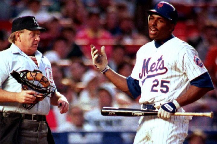 New York Mets Bobby Bonilla argues a called third strike in the first inning of the 10 May 1993 game against the Florida Marlins