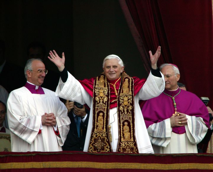 Pope Benedict XVI waves from a balcony at St. Peter's Basilica after being elected by the conclave of cardinals on April 19, 2005.