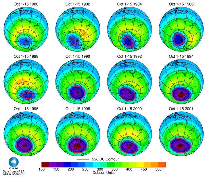 The hole in the ozone layer above Antarctica expands in this 21-year span of satellite images from 1980 to 2001. Today, scientists say the hole is shrinking.