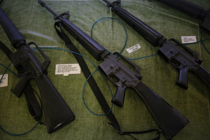 Vietnam War-era M16 rifles displayed at a vendor's booth during the Knob Creek Machine Gun Shoot in West Point, Kentucky, on Oct. 9, 2015. 