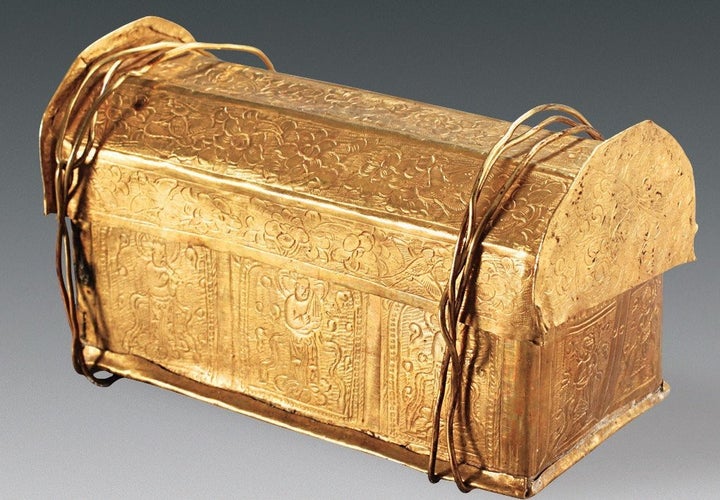 A skull bone of the Buddha was found inside this gold casket, which was stored in a silver casket within the stupa model, found in a crypt beneath a Buddhist temple.