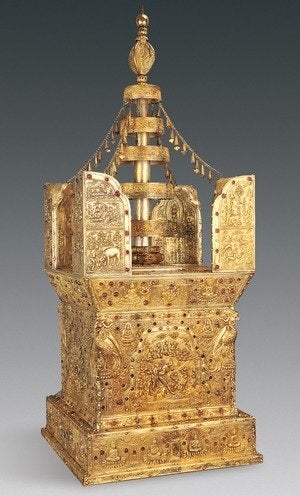 This model of a stupa, which is used for meditation, was discovered beneath Grand Bao'en Temple in Nanjing, China. The 1,000-year-old stupa is made of sandalwood, silver and gold.