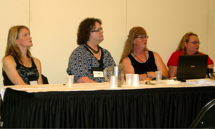 Andrea James, Joelle Ruby Ryan, Katrina Rose and Élise Hendrick , discussing academic exploitation of trans people, National Women’s Studies Association conference, 2008