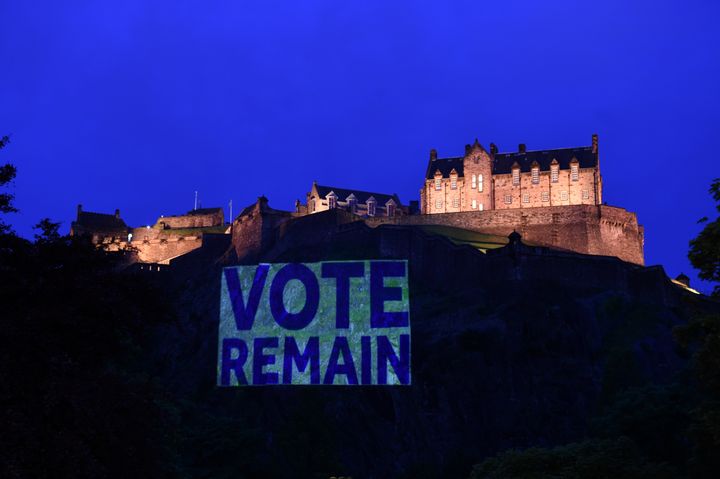 A pro-'remain' banner is pictured in Edinburgh. A majority of voters in Scotland and Northern Ireland voted to stay in the EU, re-energizing calls for more autonomy from the UK.