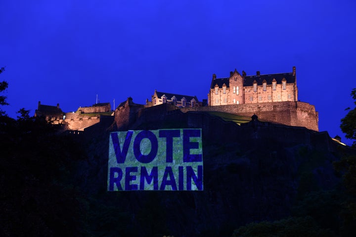 A pro-'remain' banner is pictured in Edinburgh. A majority of voters in Scotland and Northern Ireland voted to stay in the EU