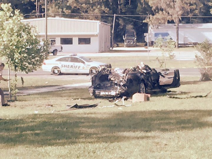 The wreckage of the Tesla Model S that was on autopilot when it hit a tractor-trailer truck in Williston, Florida, U.S. on May 7, 2016, killing the Tesla's driver.