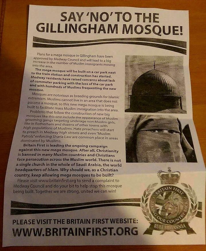 The leaflet handed out by Britain First in Gillingham on Saturday.