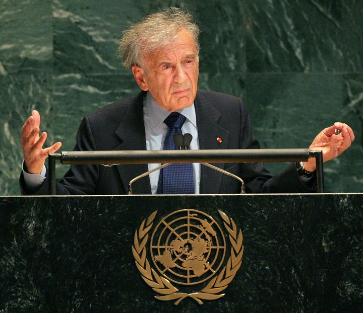 Nobel Prize winner and Holocaust survivor Elie Wiesel speaks at a special session of the United Nations General Assembly in New York, Jan. 24, 2005.