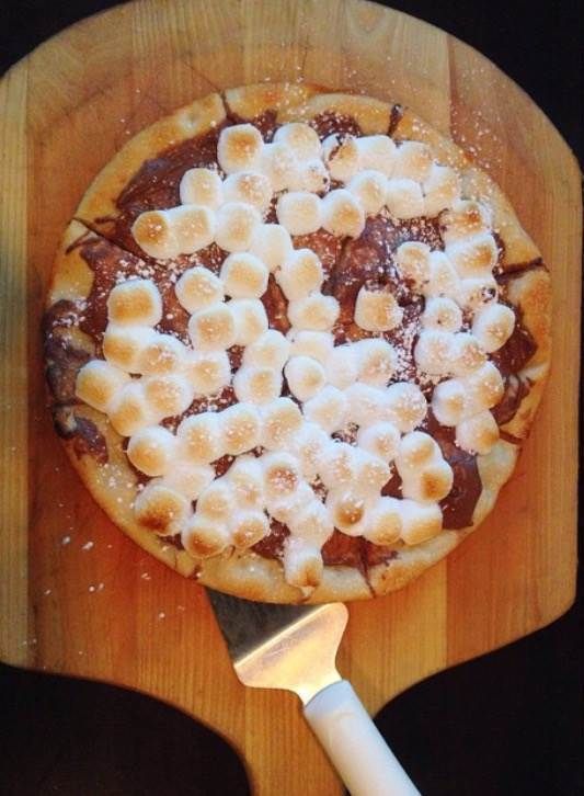 campfire pizza: pizza crust, Nutella, and toasted marshmallows