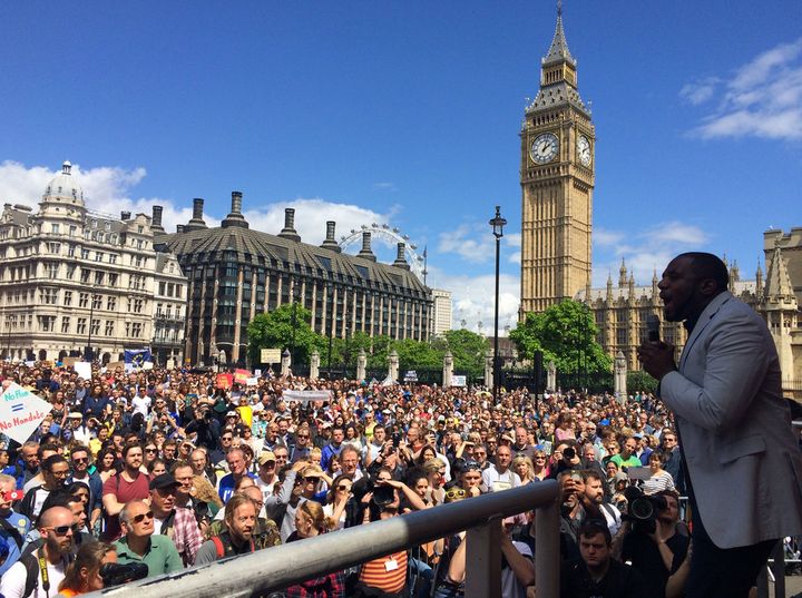<strong>David Lammy addresses anti-Breixt supporters at the 'March for Europe' in London on Saturday</strong>