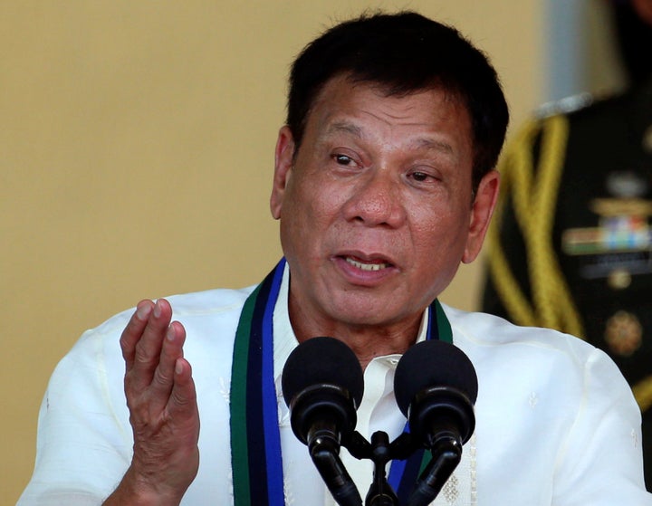 Philippines President Rodrigo Duterte speaks in front of soldiers at main military Camp Aguinaldo in Quezon city Metro Manila