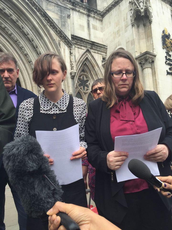 Ros Hodgkiss, Alice Gross's mother, and Alice's sister, Nina Gross, speak outside the Royal Courts of Justice in central London