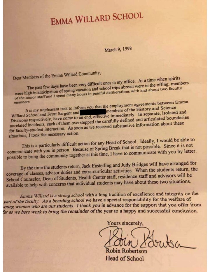 Letter from Emma Willard Administration to parents at the time of the dismissal. The mother of a student saved the letter for 18 years. The name of a second teacher, dismissed at the same time for reasons unrelated to Katie's story, has been removed.