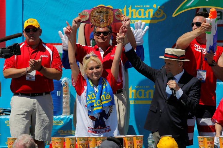 Miki Sudo of Las Vegas is crowned the winner of the women's division of the Nathan's Famous Fourth of July Internat