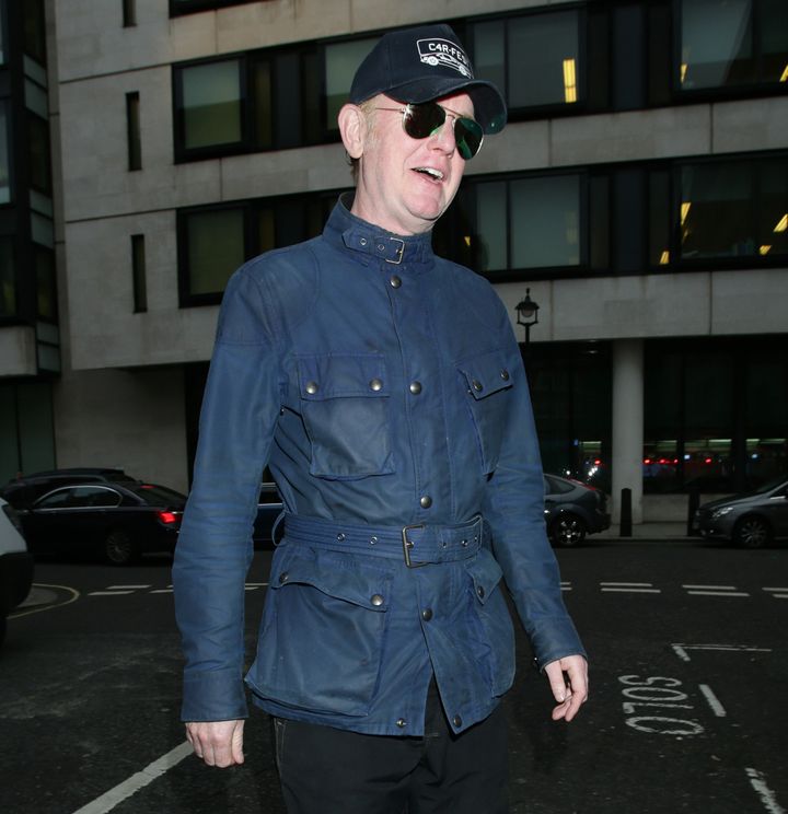 Chris Evans looked in high spirits as he arrived for his Radio 2 Breakfast Show on Tuesday