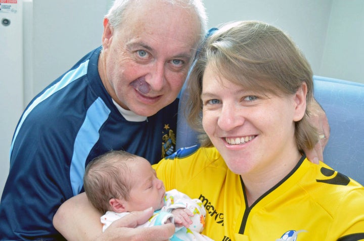 Sarah Leigh-Bergin and her husband Mike after the birth of their son