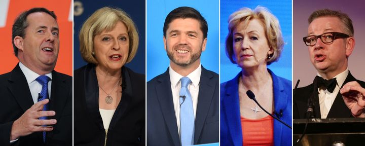 The five candidates for the Tory leadership as MPs prepare to cast the first ballots in the bitter contest, from left: Liam Fox, Theresa May, Stephen Crabb, Andrea Leadsom and Michael Gove.