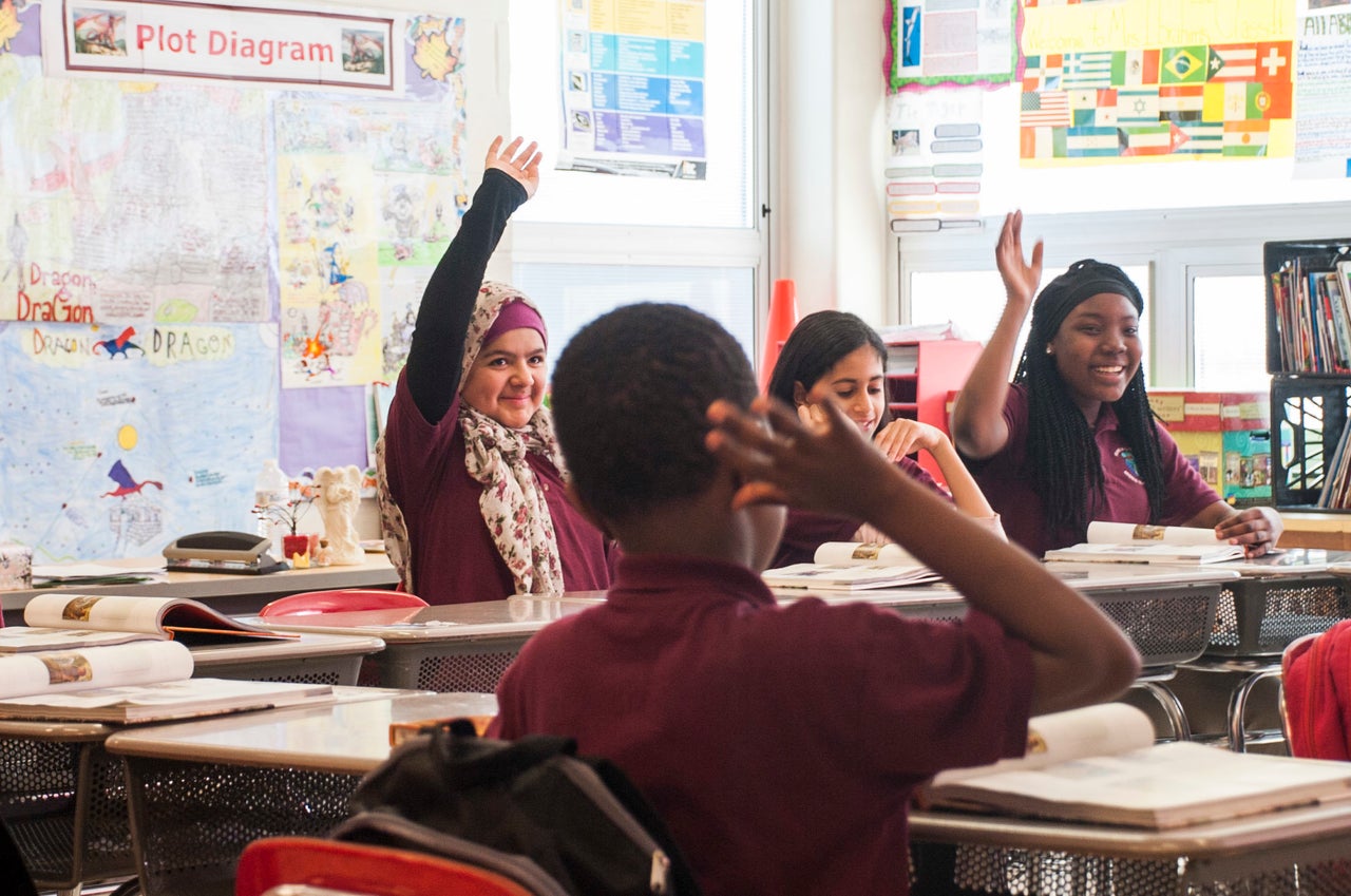 Hajar in first period class of English as a Second Language. She also studies Spanish at school. 