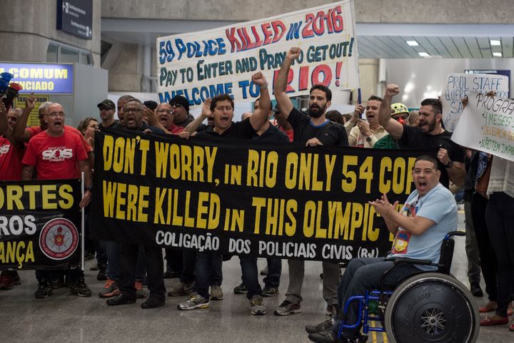 On Monday, July 4, 2016, Rio police officers and firemen protested at the local airport after not receiving several months' pay. 
