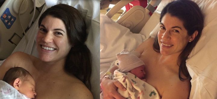 Twin sisters Sarah Mariuz (L) and Leah Rodgers both gave birth at 1:18 a.m. on Thursday.