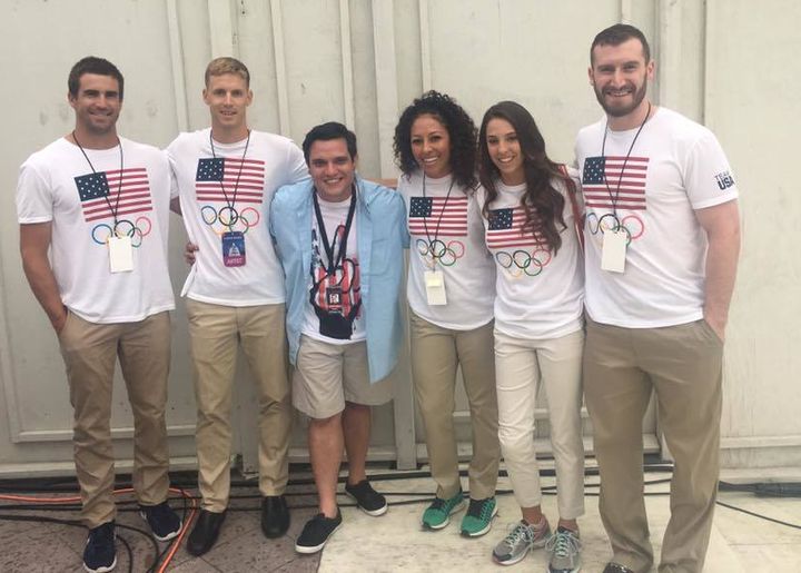 Kyle McMahon and members of the United States Olympic team including Modern Pentathalete Nathan Schrimsher (2nd from left) and Taekwondo Olympian Stephen Lambdin (last on right).