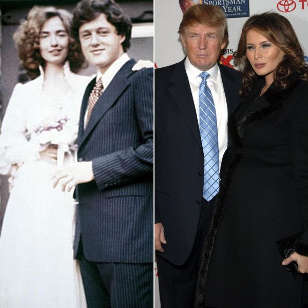 Left: Hillary and Bill Clinton at their October 11, 1975 wedding. Right: Donald and Melania Trump at an event in New York City in 2005, the same year they wed.
