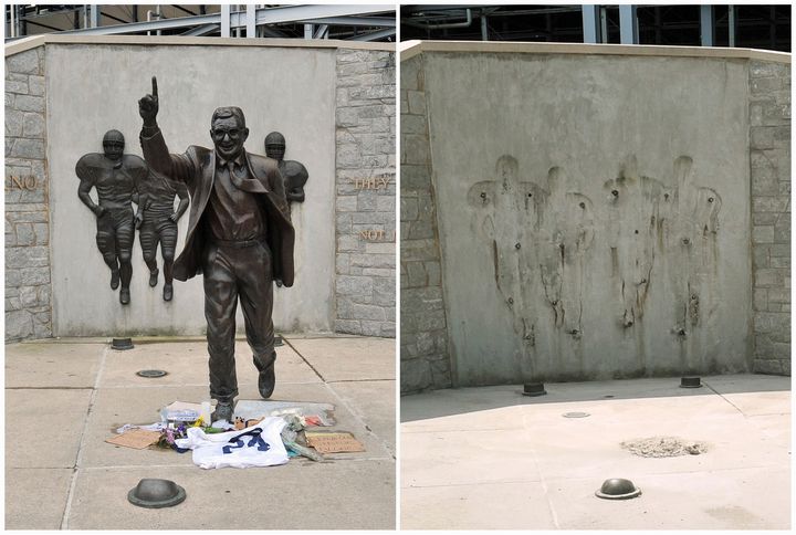 The statue of Joe Paterno was removed in 2012 by the university as part of the disciplinary actions taken against the former Head Coach. 