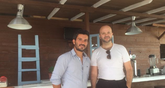 Himara's Tourism Director Niko Goro and J.P.Monfort at Ostria Restaurant in Livadhi Beach. Niko Goro can be reached at +355 (0)6966 74830