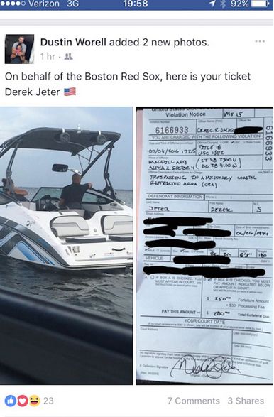 An active-duty Air Force member posted a picture of the citation given to Derek Jeter on Facebook over the 4th of July weekend.