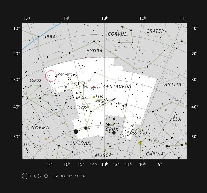 Chart showing location of the triple star HD 131399 in the constellation Centaurus (The Centaur). This triple star, whose brightest component is orbited by planet HD 131399Ab, is too faint to be seen with the unaided eye, but can be seen using binoculars.