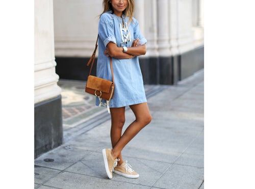 denim dress with sneakers Madeline Peplum Denim Dress – The TLB Boutique main image 1